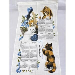 Kay Dee Designs Linen DISH TOWEL 1995 Calendar Cats Kittens in Basket Yarn VGC